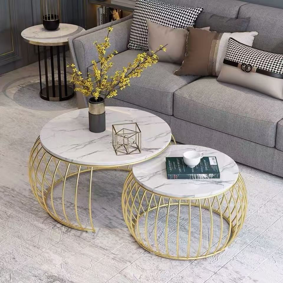 Luxury Nesting Coffee Table Set, Round Marble-Effect Top with Gold Metal Cage Frame, Modern Accent Side Table for Living Room