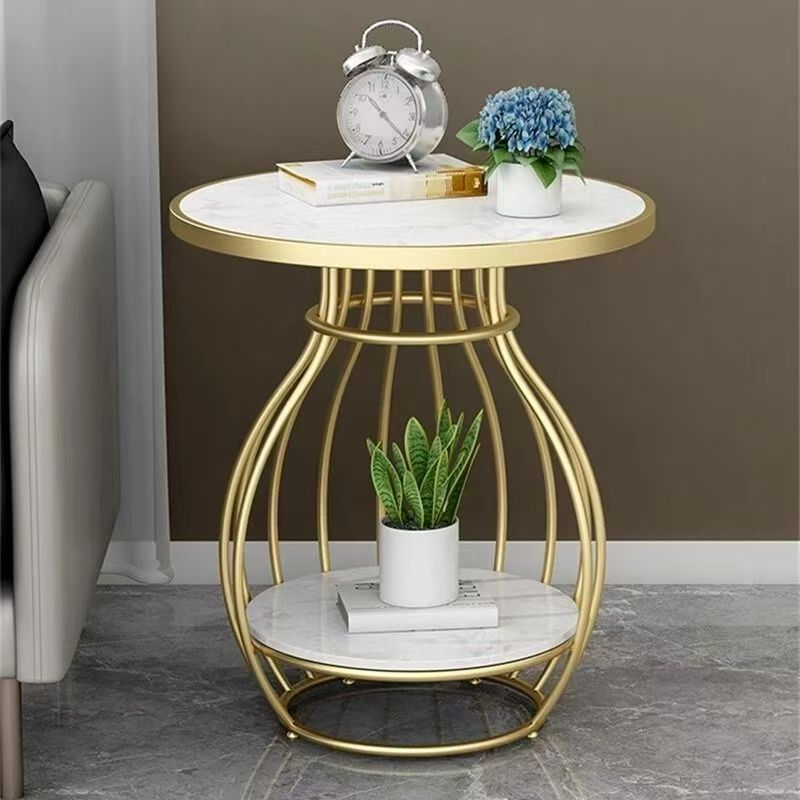 Double-Tier Side Table, Round Marble-Look Top with Gold Vase-Style Metal Frame, Accent End Table for Living Room Bedroom
