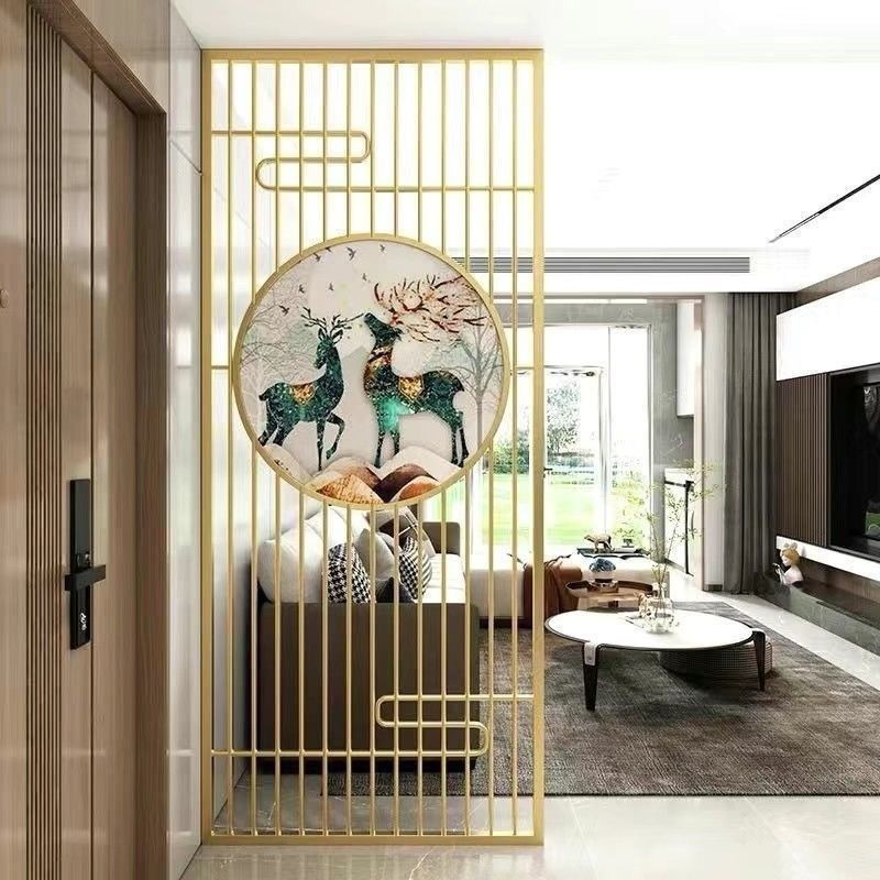 New Chinese-style stainless steel screen, living room entrance hall partition, light luxury metal hollow decorative painting background wall custom-made